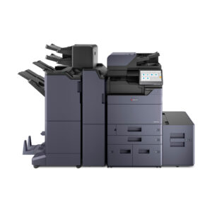 A photograph of a KYOCERA TASKalfa 7054ci with an optional 4,000 sheet finisher, inserter unit, and a 3,000 sheet large capacity side tray attached.