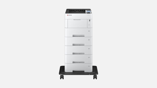 Image of the Kyocera ECOSYS PA6000x black-and-white commercial printer, featuring a front view with its LCD screen, paper trays, and control buttons.