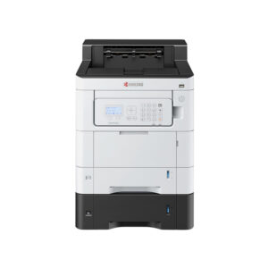 A KYOCERA ESCOSYS PA4000cx color printer with an additional paper tray and lit up display screen.