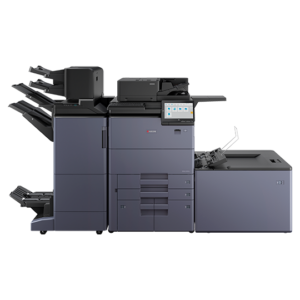 Kyocera TASKalfa MZ9500ci color multifunction printer with high-capacity finisher, touchscreen control panel, and extended paper handling system