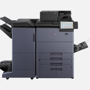 Kyocera TASKalfa MZ9500i black and white office copier with finisher, touchscreen display, and high-capacity paper trays